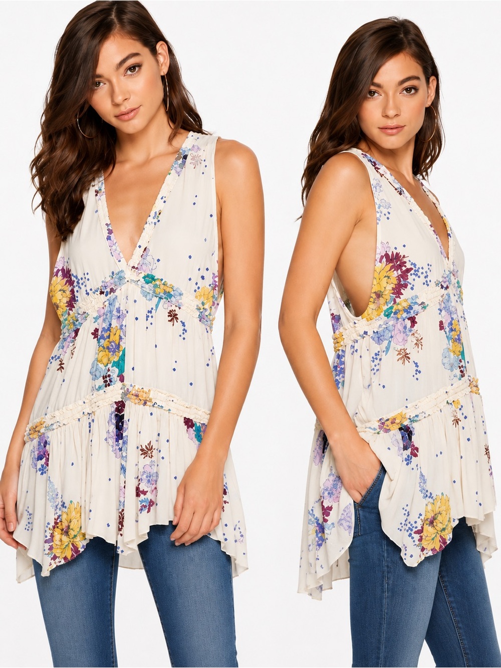 Free People Floral Sleeveless Boho Tunic Top SP Petite Ivory Tiered Ruffle